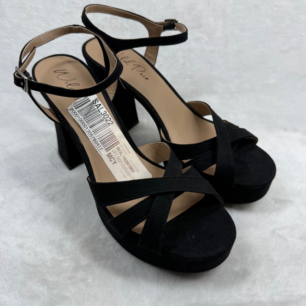 Wild Pair Candra Black Faux Suede Platform Block Heel Sandals Womens Size 8.5‎